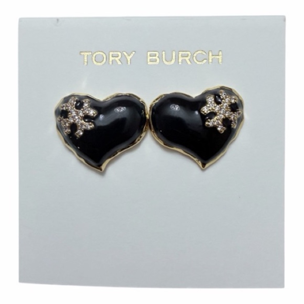 Tory Burch Black Heart Earrings with Gold Trim